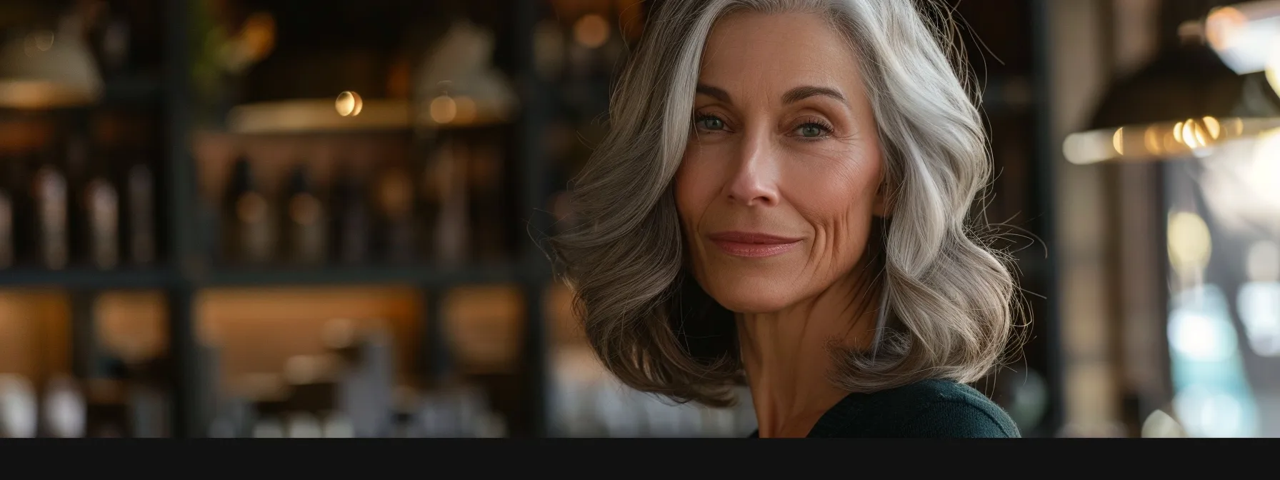 a chic, elegant bob hairstyle frames the face of a distinguished older woman, showcasing soft waves and a striking silvery hue in a warm, inviting setting illuminated by gentle natural light.