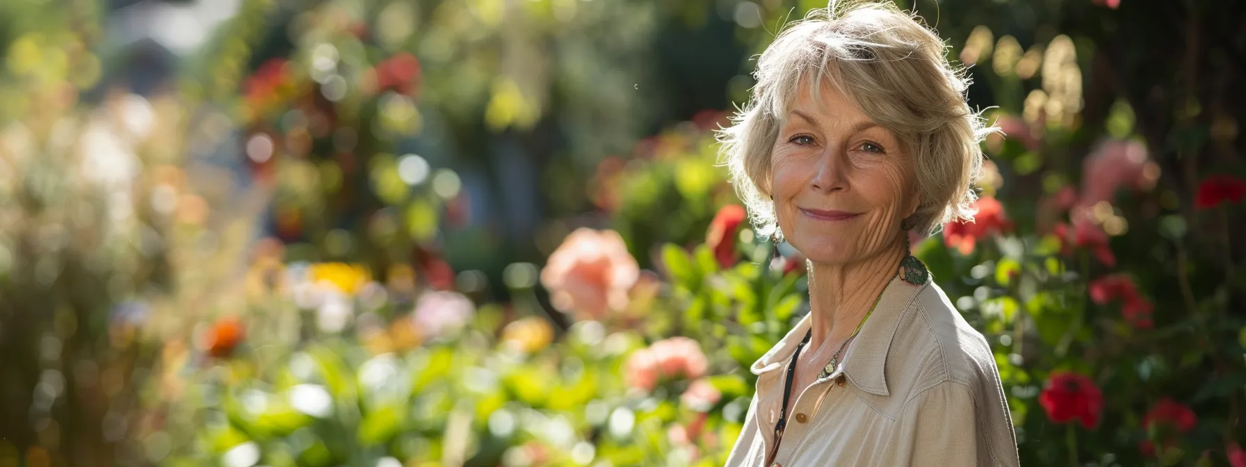 a graceful older woman with a stylish bob hairstyle stands confidently in a sunlit garden, surrounded by vibrant flowers that enhance her youthful spirit and elegance.