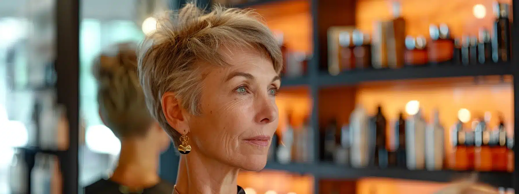 a stylish, mature woman with a chic short hairstyle confidently examines her reflection in a modern salon mirror, surrounded by a vibrant array of hair products designed for women over 70, emphasizing empowerment and elegance.