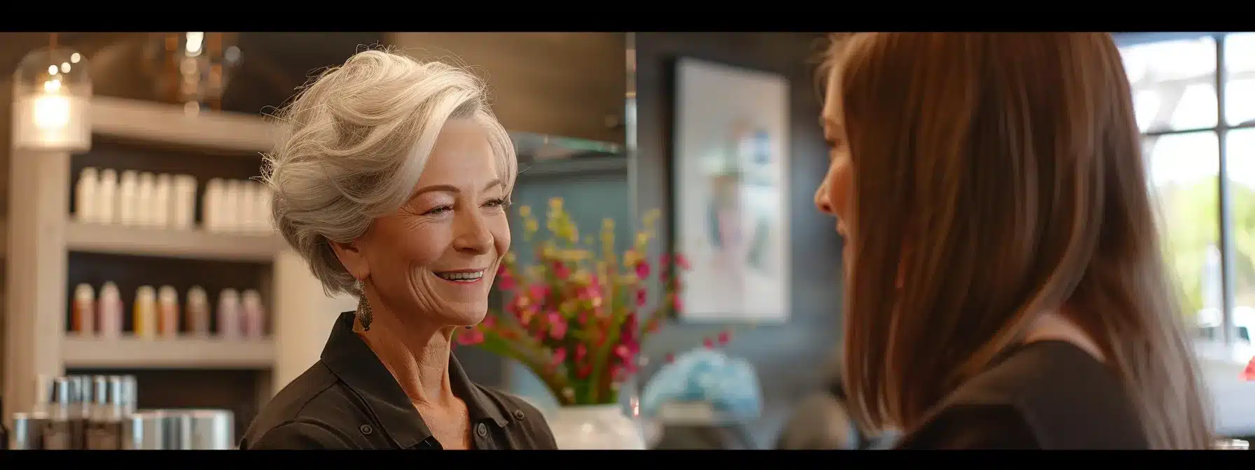 a stylish, modern salon setting features an elegant woman over 70 with beautifully styled hair, showcasing a vibrant color under warm ambient lighting as she consults a professional stylist, exuding confidence and sophistication.