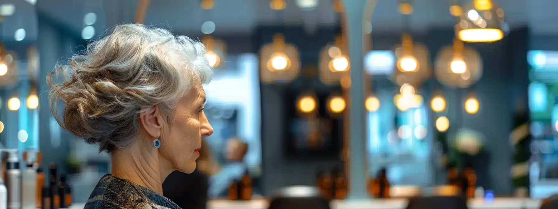 a stylish salon setting showcases confident women over 50 with chic hairstyles, featuring a bold undercut, vibrant colors, and textured lobs, illuminated by elegant overhead lighting that emphasizes their individuality and modern flair.