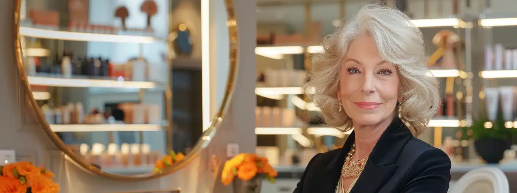 a stylish, sophisticated salon interior showcases a confident woman over 70 sporting a chic, soft wavy hairstyle, surrounded by elegant mirrors and modern decor, capturing the essence of timeless beauty and grace.