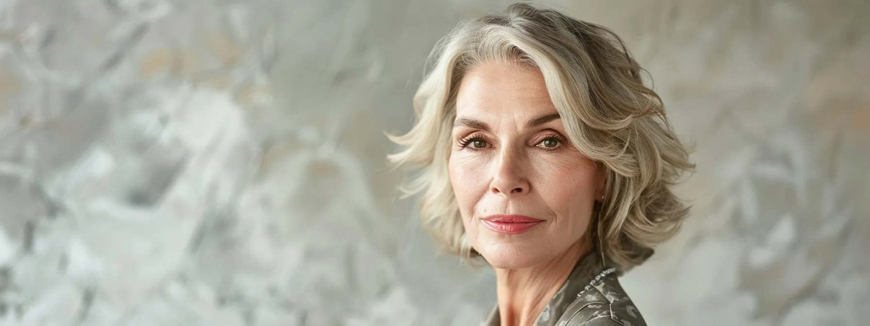 an elegant older woman with a chic, textured bob hairstyle stands confidently against a soft, neutral backdrop, radiating grace and sophistication.