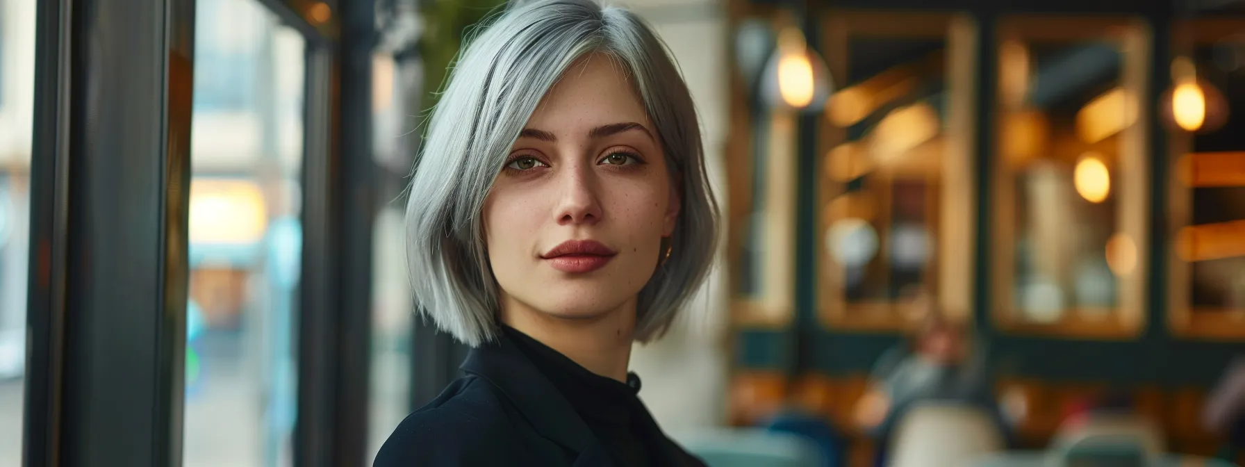 a chic, silver-haired woman confidently showcases a sleek bob hairstyle in a sunlit urban café, exuding elegance and sophistication against a backdrop of vibrant city life.