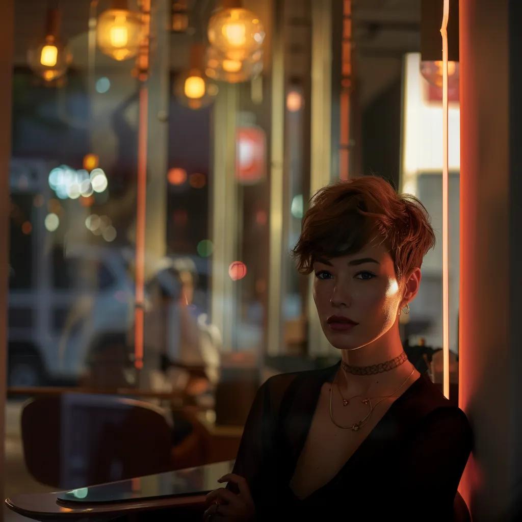 a chic urban salon interior showcases a trendy pixie haircut on a confident individual, illuminated by soft, modern lighting that highlights the sleek lines and stylish layers of the hairstyle.
