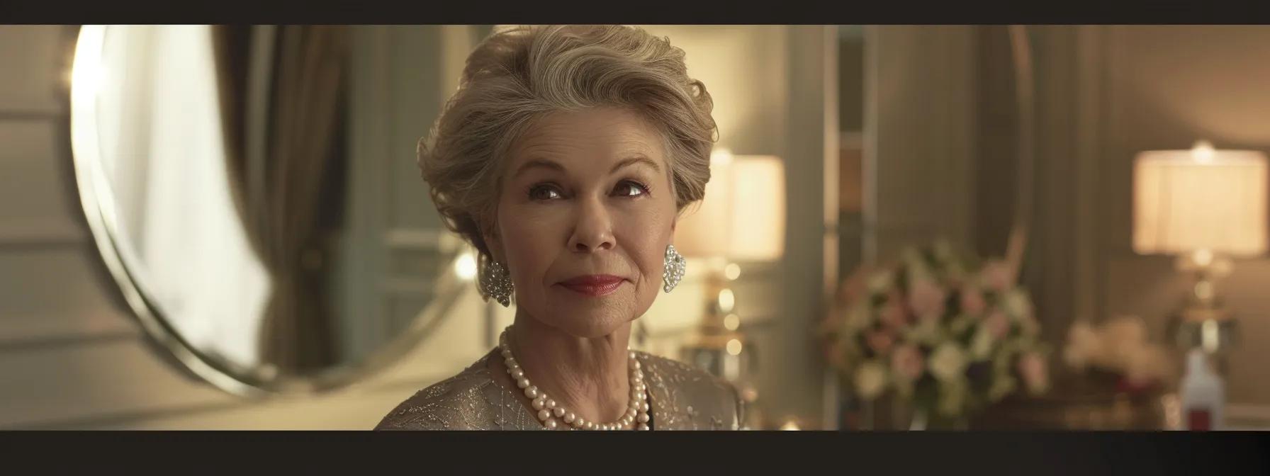 a sophisticated, illuminated salon setting showcases an elegant woman over 70, wearing a polished updo with soft loops and adorned with subtle pearl pins, exuding effortless grace as she prepares for an evening event.