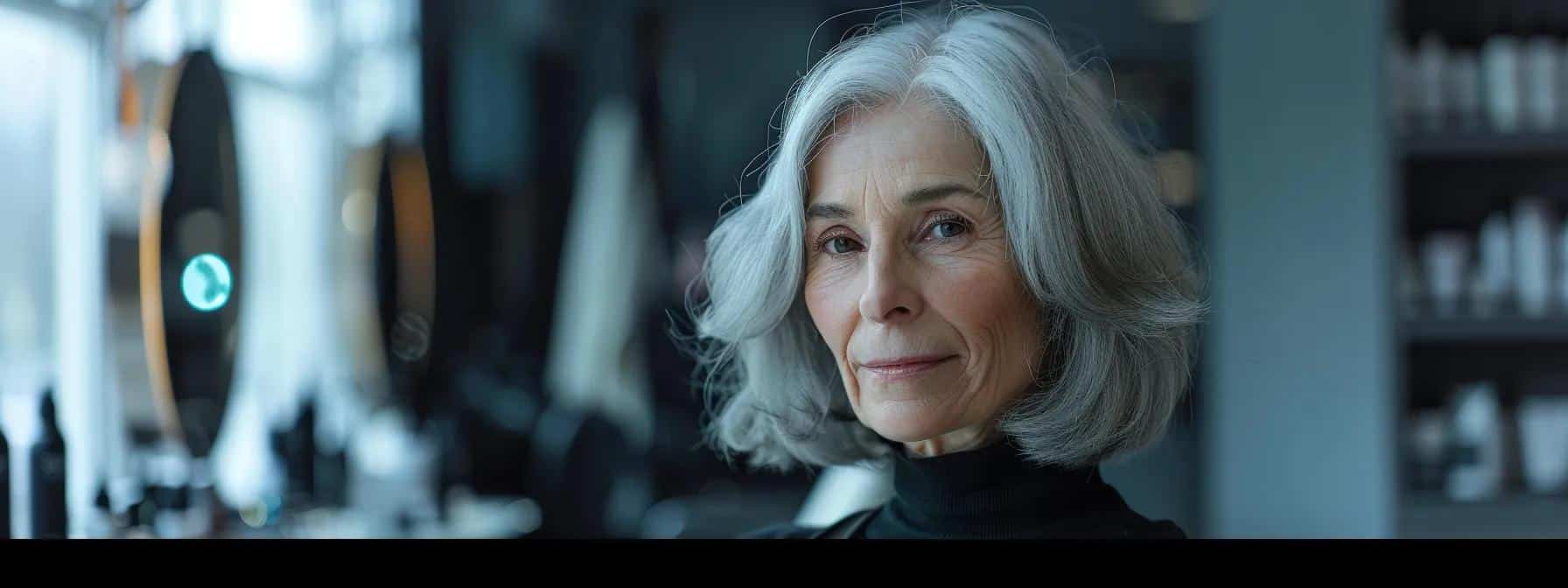 a stylish, sophisticated woman over 70, showcasing a chic bob hairstyle in a modern, well-lit salon, with elegant silver and grey tones accentuating her facial features against a minimalist backdrop, projecting confidence and contemporary flair.