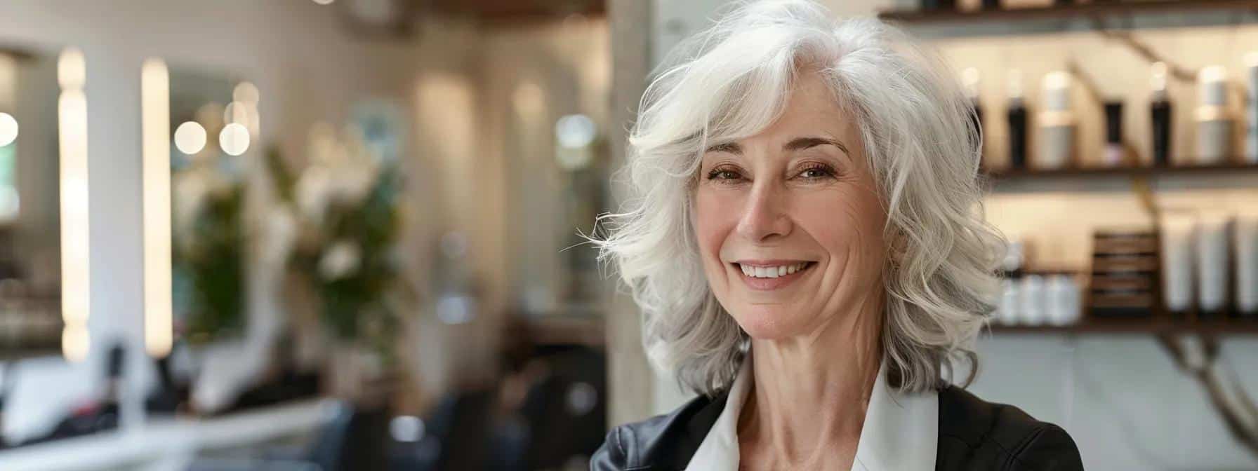 a stylishly appointed salon interior showcases a radiant woman over 70 with elegantly layered hair framing her face, highlighting soft silver tones and classic ’70s-inspired volume, while a professional stylist expertly demonstrates techniques for achieving body and movement with modern tools.
