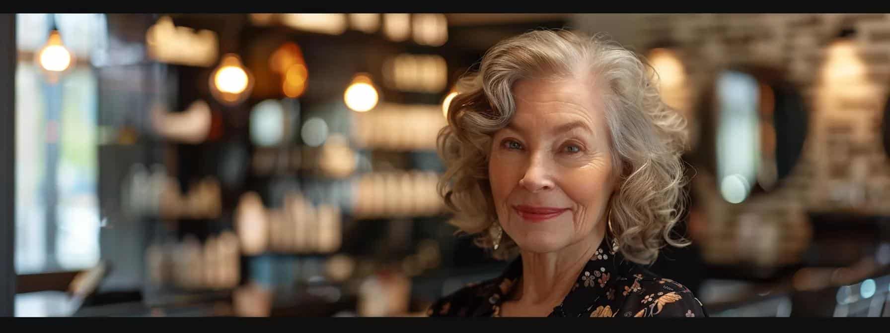 an elegantly styled woman over 70 showcases soft, beach-inspired waves in a chic urban salon, with warm lighting accentuating the texture and shine of her hair, reflecting a relaxed yet sophisticated atmosphere perfect for day-to-evening transitions.