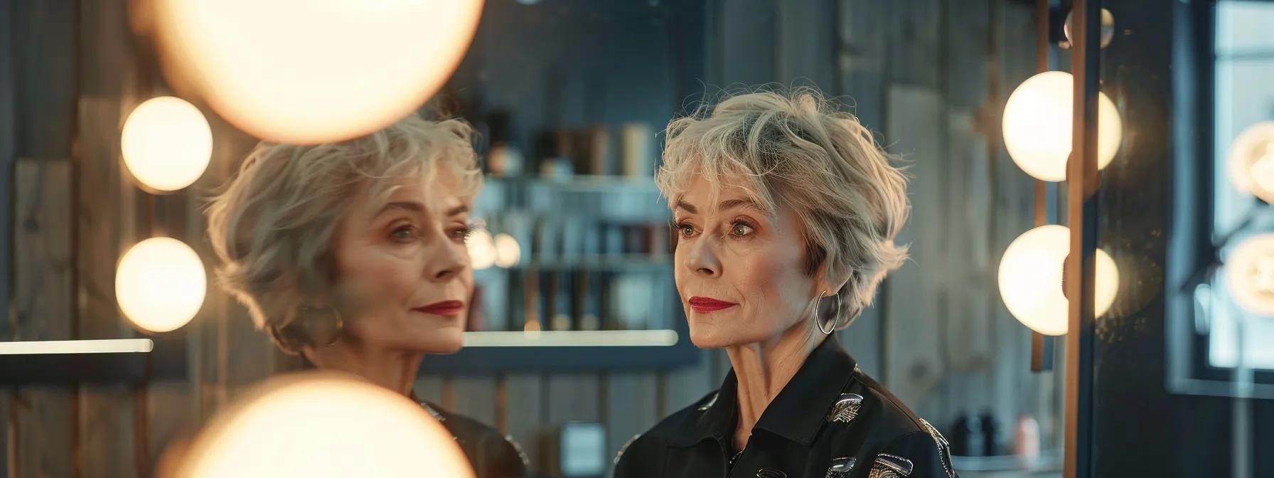 a chic, modern hair salon setting features a stylish woman over 50 admiring her elegant short hairstyle in a large mirror, illuminated by soft, flattering lights, showcasing the sophistication and vibrancy of mature haircuts.