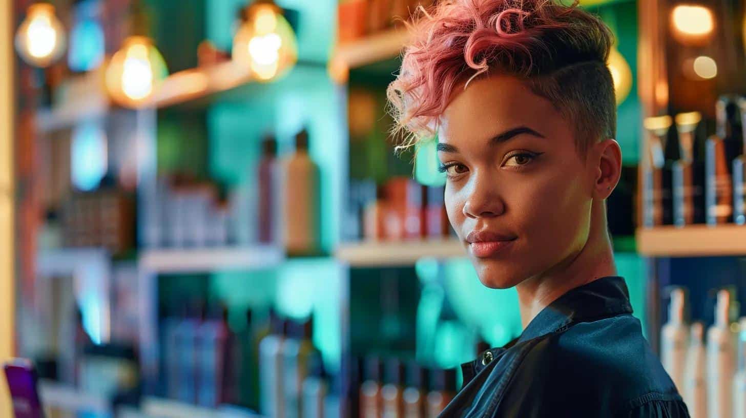 a modern, stylish salon interior showcases a confident woman with a chic asymmetrical pixie haircut, expertly styled with vibrant hair products and trendy accessories, reflecting a fusion of casual elegance and bold fashion.