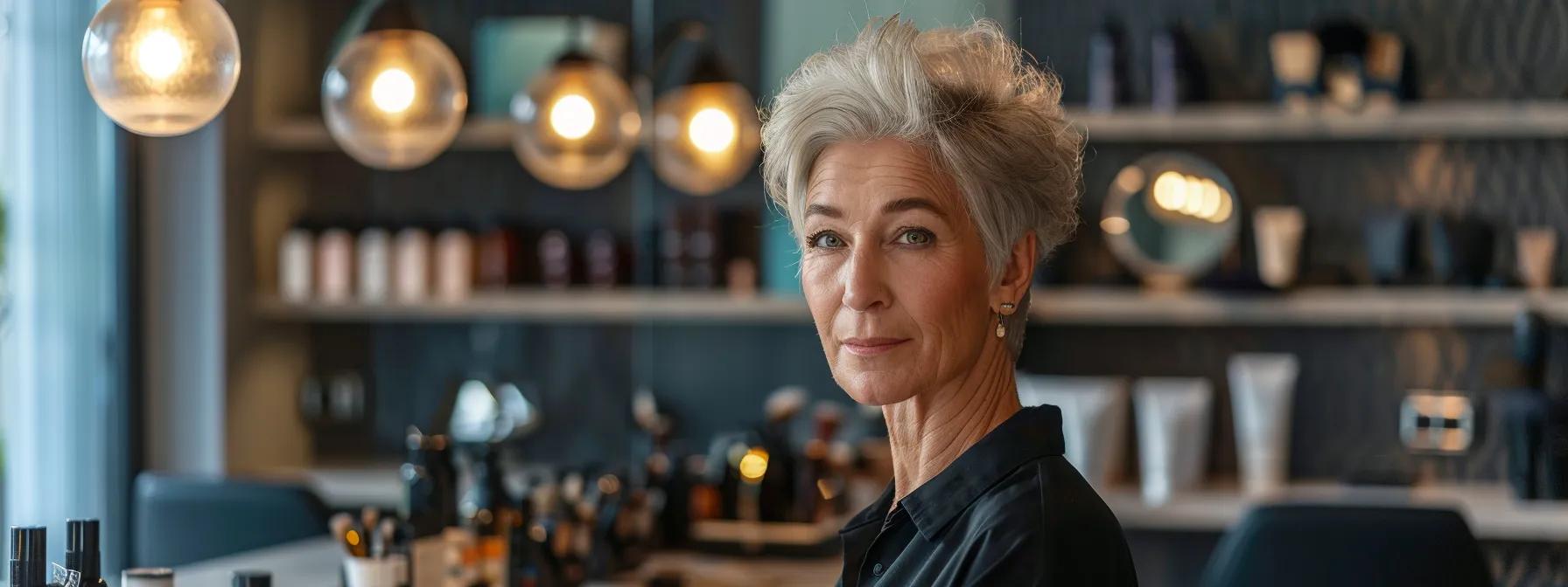a sophisticated salon interior showcases an elegant woman over 50, confidently sporting a polished short hairstyle, with chic styling tools and products arranged artistically on a sleek vanity, emphasizing refined beauty and timeless elegance.