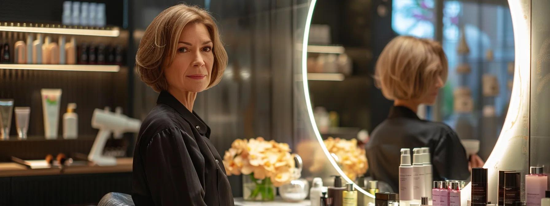 a sophisticated salon interior showcases a stylish mature woman with a chic bob haircut, confidently admiring her reflection in a large mirror, adorned with modern decor and ambient lighting that highlights her elegant features.