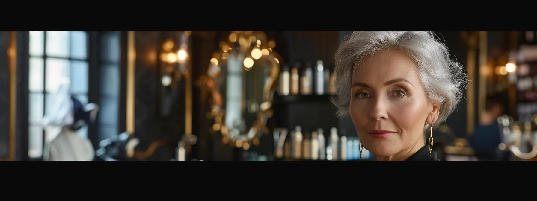 a sophisticated, well-lit salon interior showcases a mature woman with a stylish short haircut, radiating confidence as she engages in a rejuvenating hair treatment, highlighting the elegance of healthy hair in women over 50.