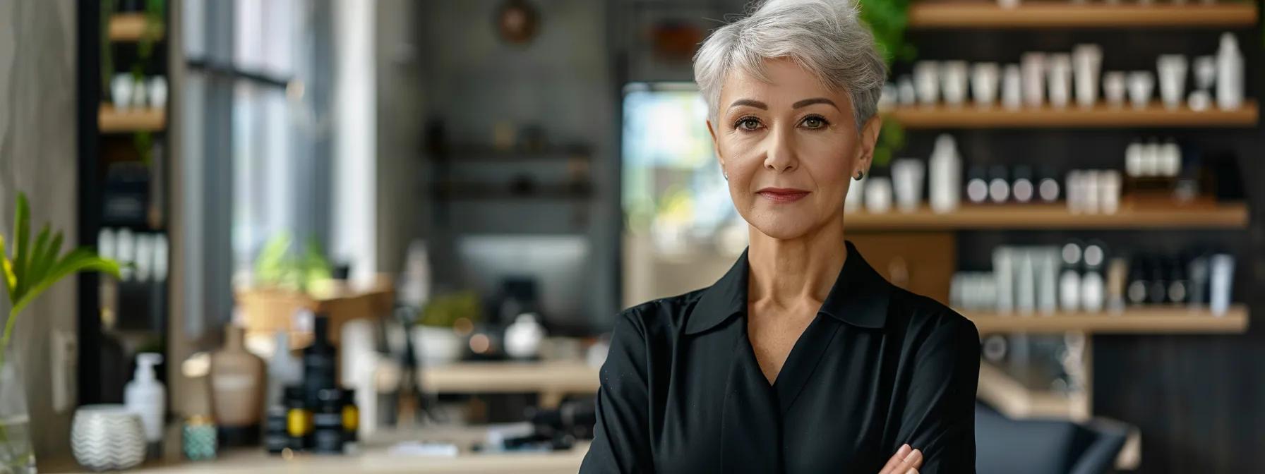 a sophisticated woman over 50 stands confidently in a stylishly designed urban salon, showcasing an elegant, chic short haircut that embodies modern sophistication and empowerment.