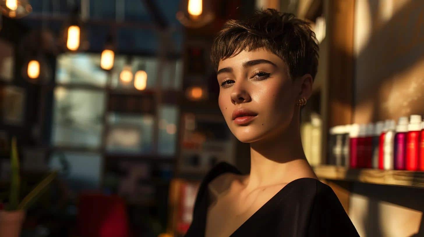 a stylish model with an asymmetrical pixie cut stands confidently in a modern urban salon, accentuated by bold, dramatic lighting that casts striking shadows, highlighting the edgy elegance of the hairstyle.