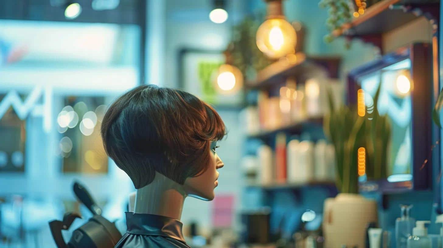 a stylish salon interior showcases a vibrant asymmetrical pixie haircut on a mannequin, with sleek styling tools and chic decor emphasizing the importance of regular upkeep and care.