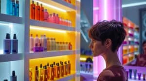 a vibrant salon interior showcases a stylish asymmetrical pixie haircut on a model, illuminated by sleek lighting while an array of colorful hair products is artistically displayed on contemporary shelves in the background.