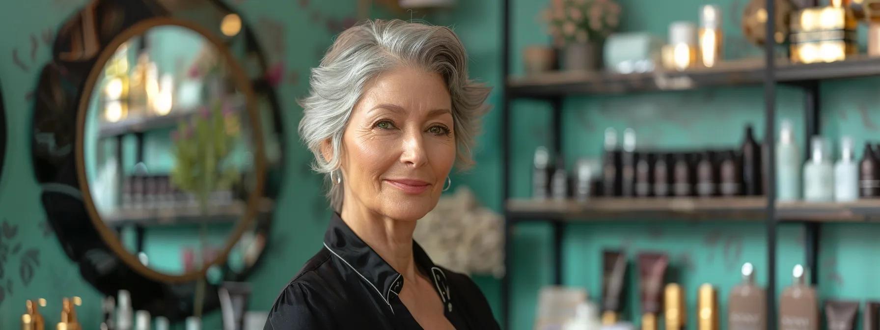 an elegantly styled salon interior showcases a mature woman with a chic short hairstyle, vibrant hair color, and thoughtful highlights, as she gazes confidently into a wall mirror surrounded by sophisticated decor and professional hair products.