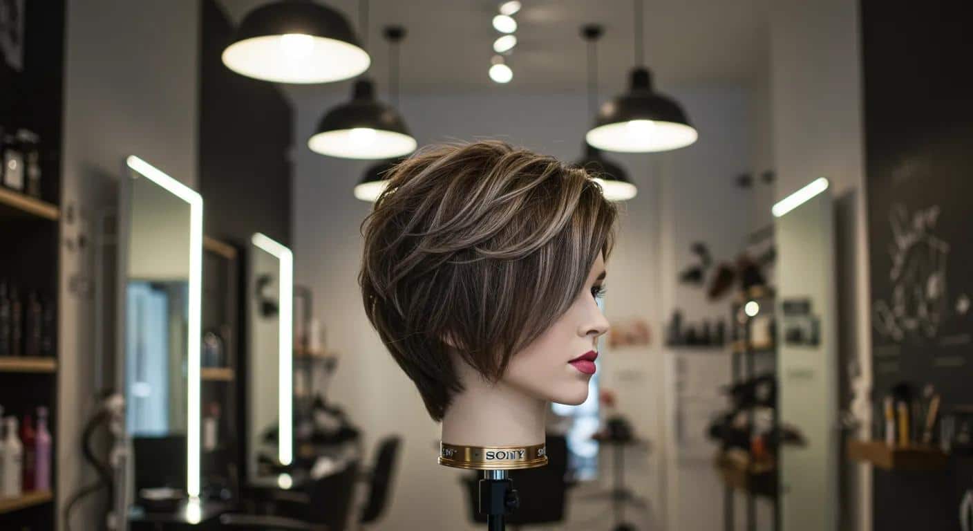 a stylish hair salon interior showcases a fashionable asymmetrical pixie cut on a mannequin under chic pendant lighting, highlighting the elegance and versatility of various hair lengths in an urban setting.