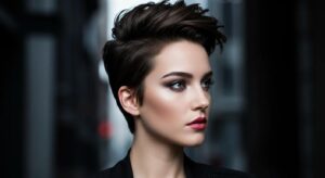 a striking portrait of a model with an asymmetrical pixie haircut, showcasing bold angles and dynamic textures under bright studio lighting, set against a sleek urban backdrop.