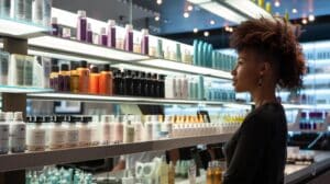 a chic salon interior showcases a confident woman with a stylish pixie haircut, dramatically illuminated under sleek overhead lighting while surrounded by an array of transformative hair products displayed on polished countertops.