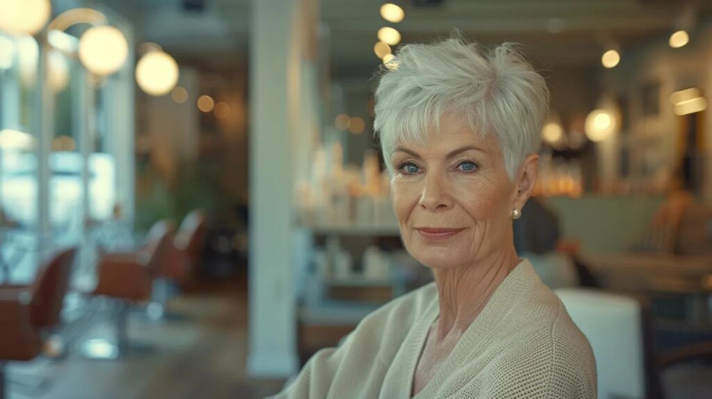 a stylish, modern salon interior showcases a sophisticated woman over 60 sporting a chic pixie haircut, highlighted by minimalist decor and soft, ambient lighting that emphasizes her confident expression.