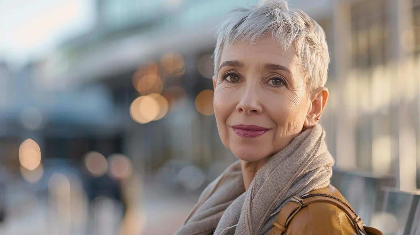 a stylish, confident woman over 60 with a chic pixie haircut stands against a modern urban backdrop, showcasing her radiant smile and vibrant personality, perfectly highlighting how elegant styles can complement various face shapes.