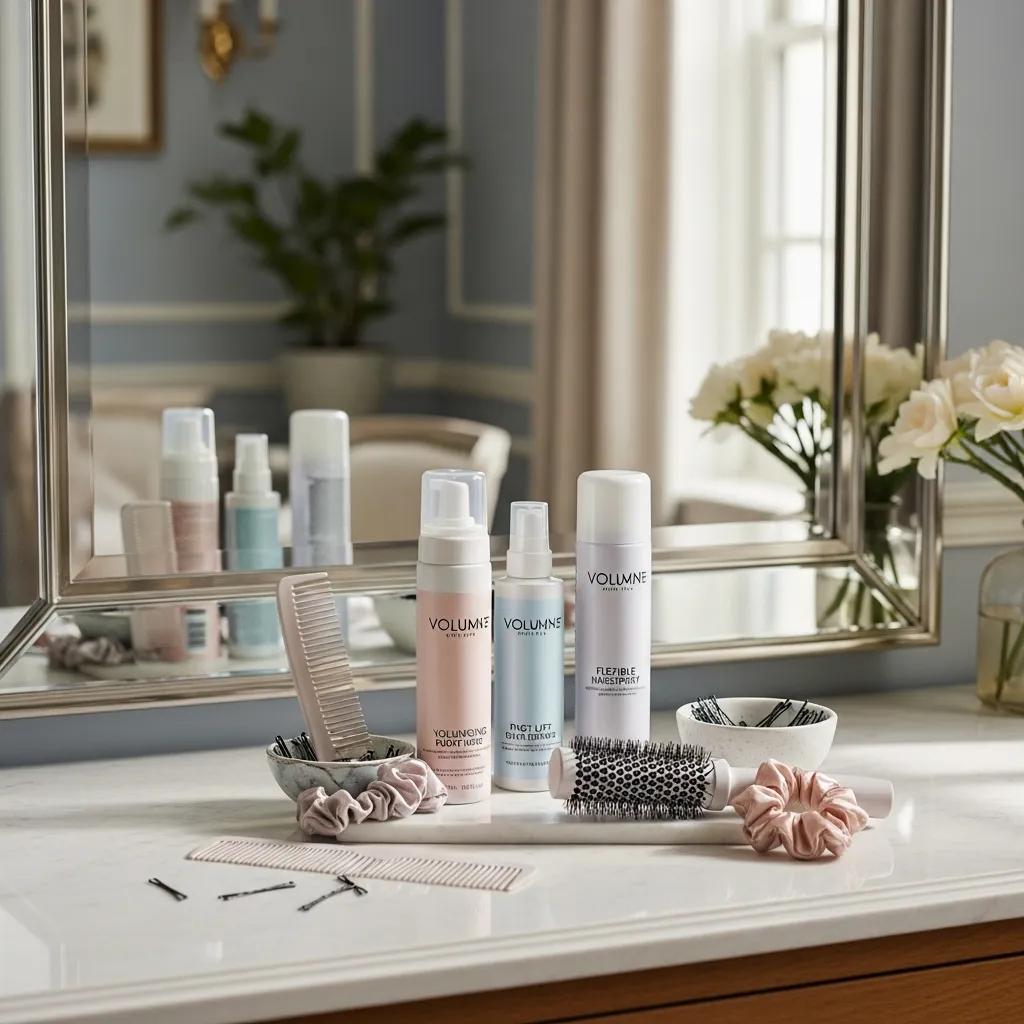 Array of hair styling products for soft piecy cuts on a stylish vanity, emphasizing care and volume