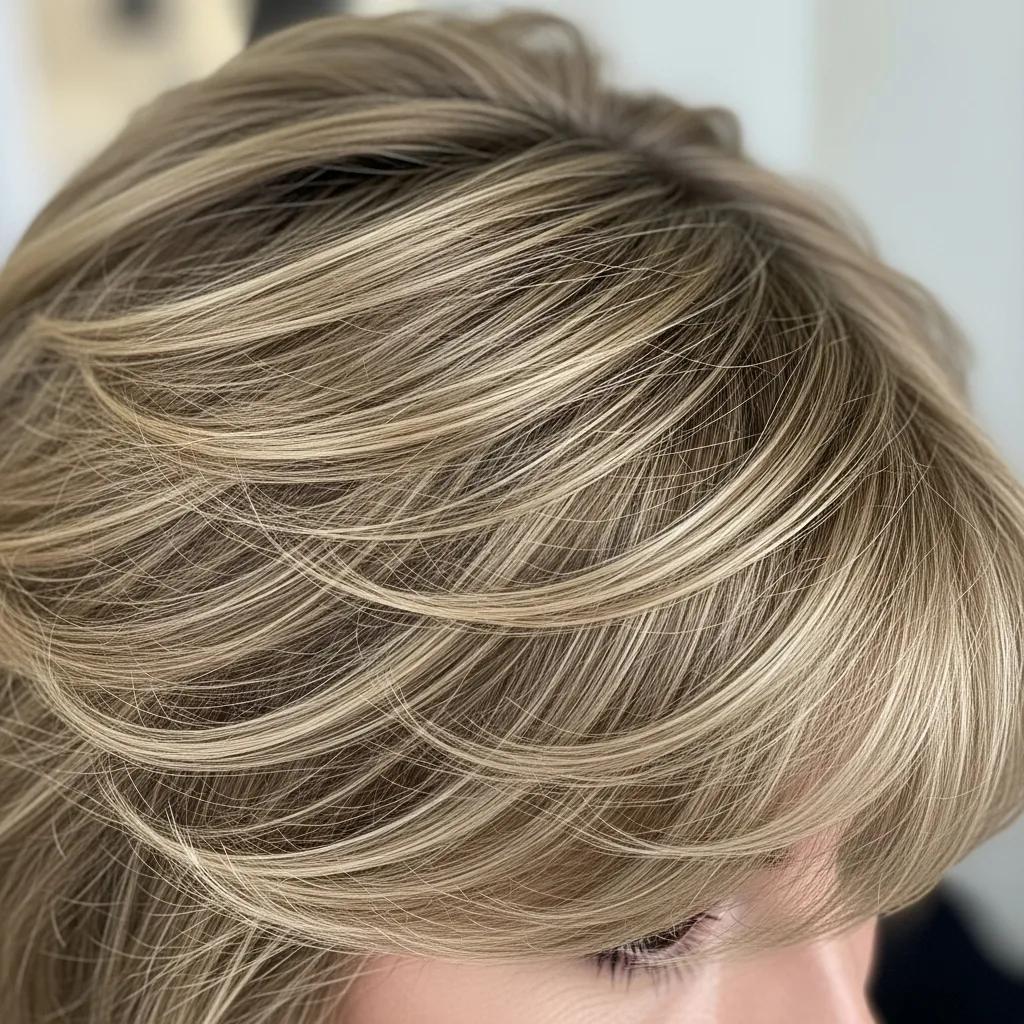 Close-up of a soft piecy haircut highlighting volume and texture in mature hair