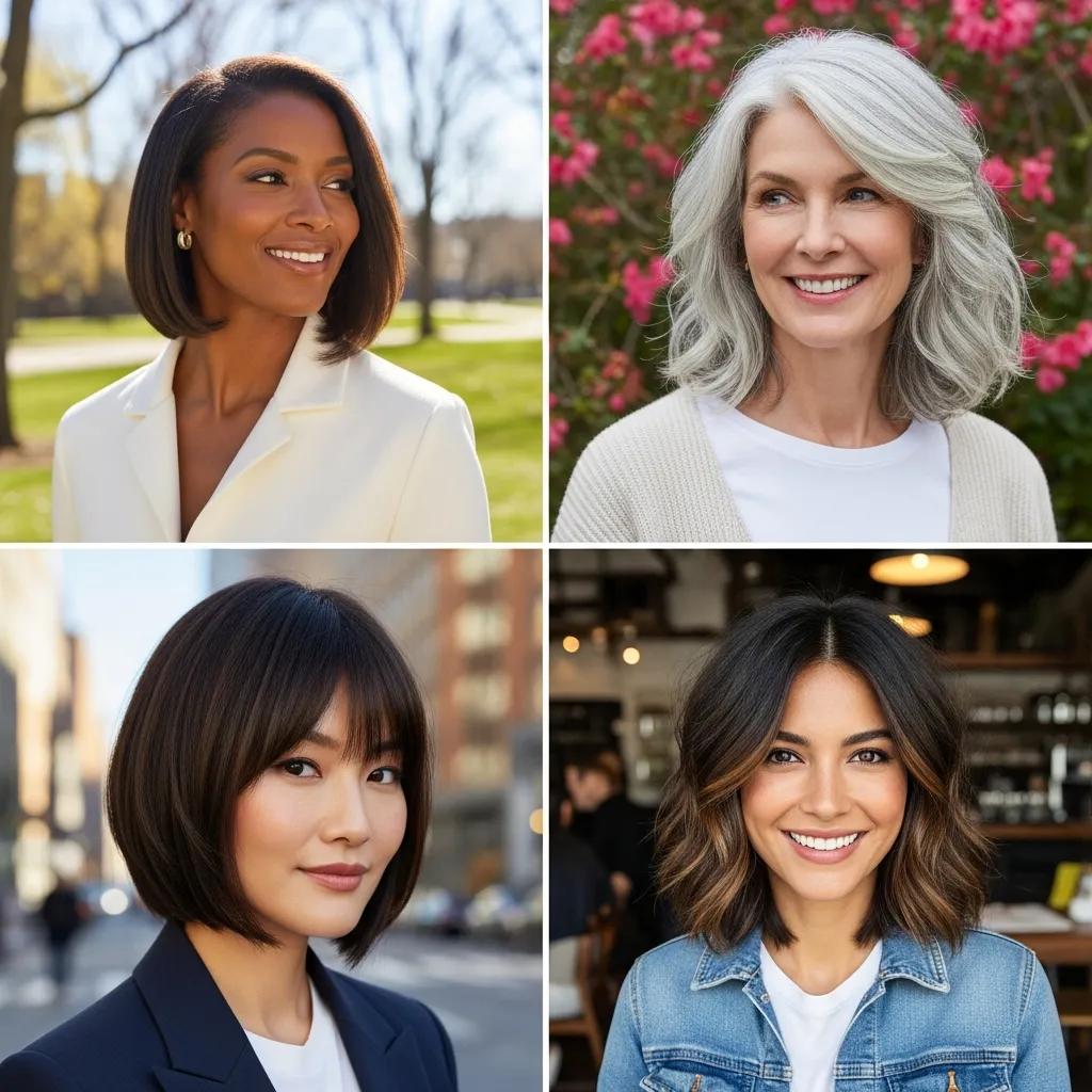 Collage of shoulder-length hairstyles for women over 50, showcasing diversity and style