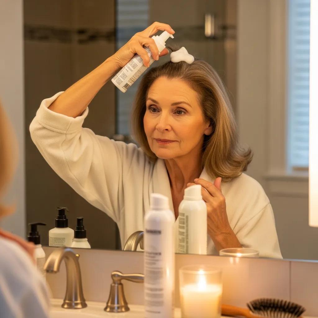 Woman over 50 applying volumizing mousse to fine hair in a warm, inviting setting