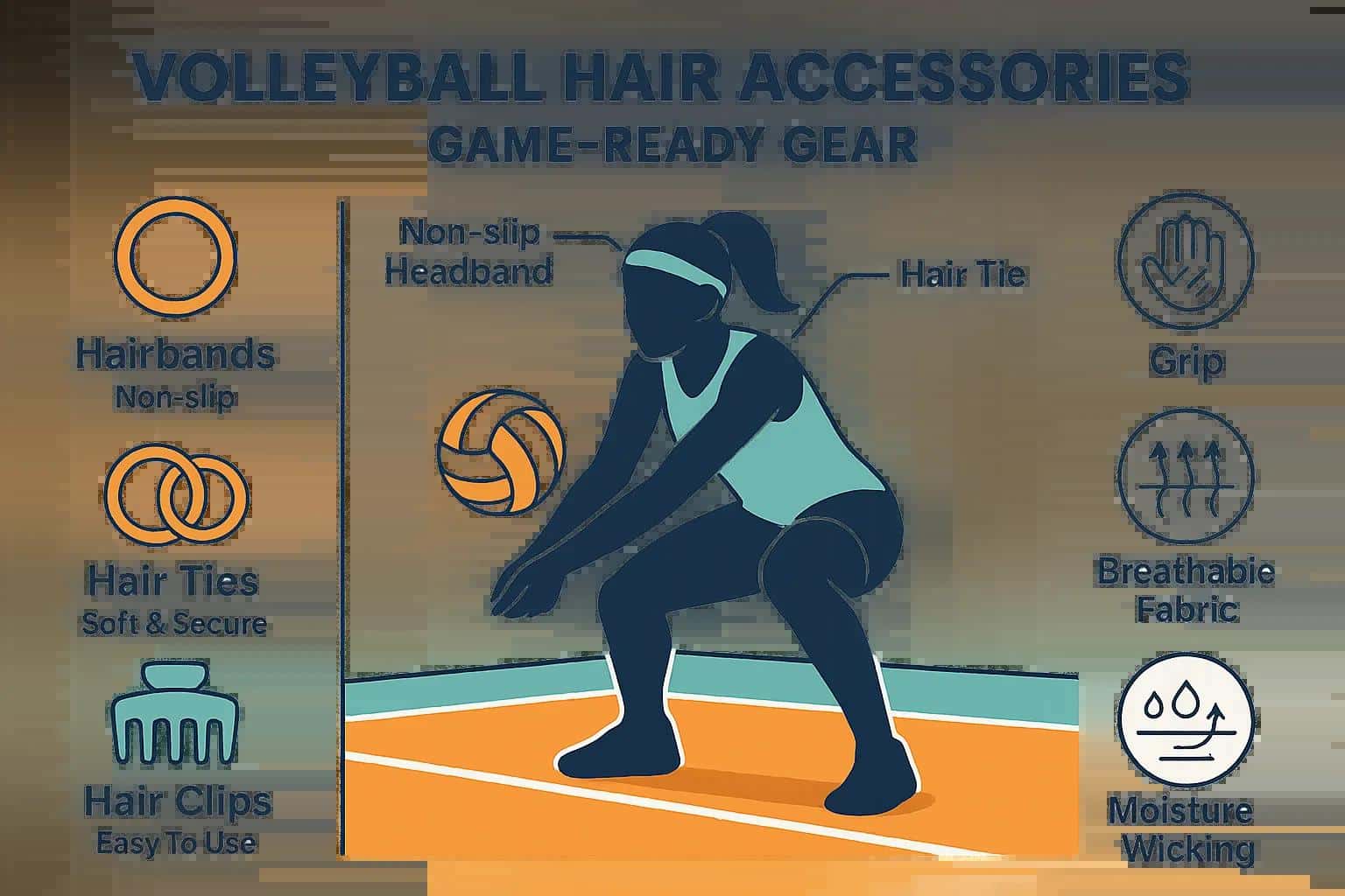 Volleyball hair accessories infographic highlighting non-slip headbands, secure hair ties, and easy-to-use hair clips, with an athlete in action on the court.