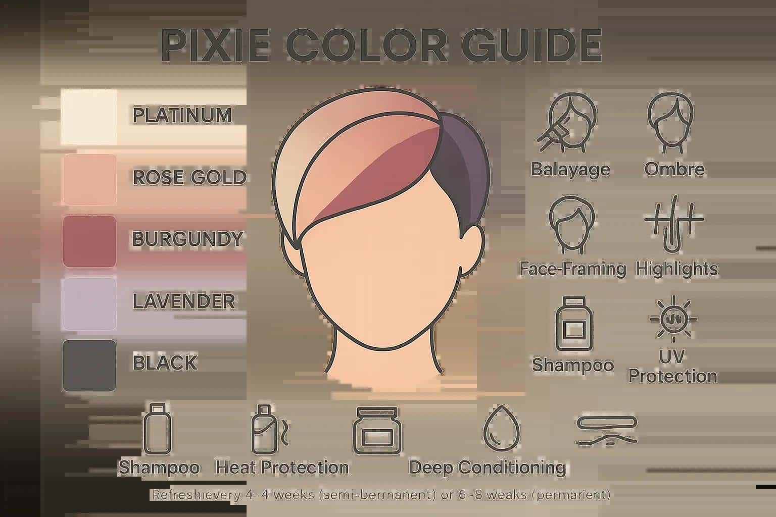 Pixie color guide showcasing vibrant shades like platinum, rose gold, burgundy, lavender, and black, with styling techniques including balayage, ombre, and face-framing highlights for children's pixie hairstyles.