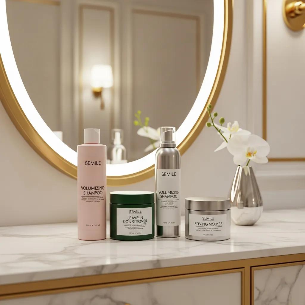 Neatly arranged hair care products on a vanity for bob hairstyles