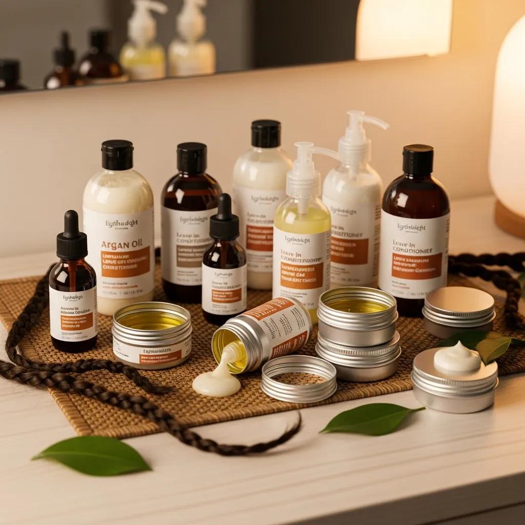 Selection of lightweight hair care products for maintaining braids on a vanity