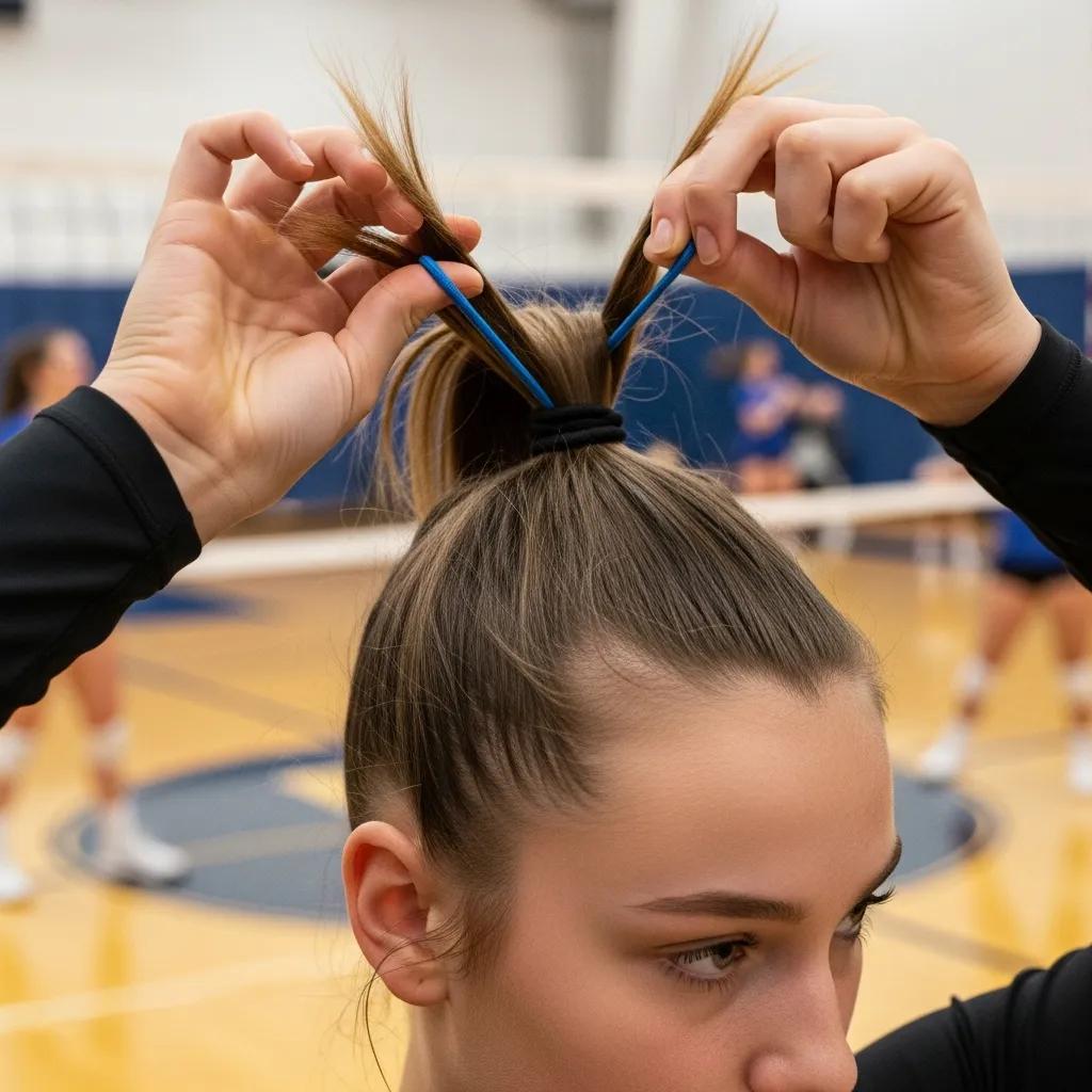 Player making a secure ponytail before a match
