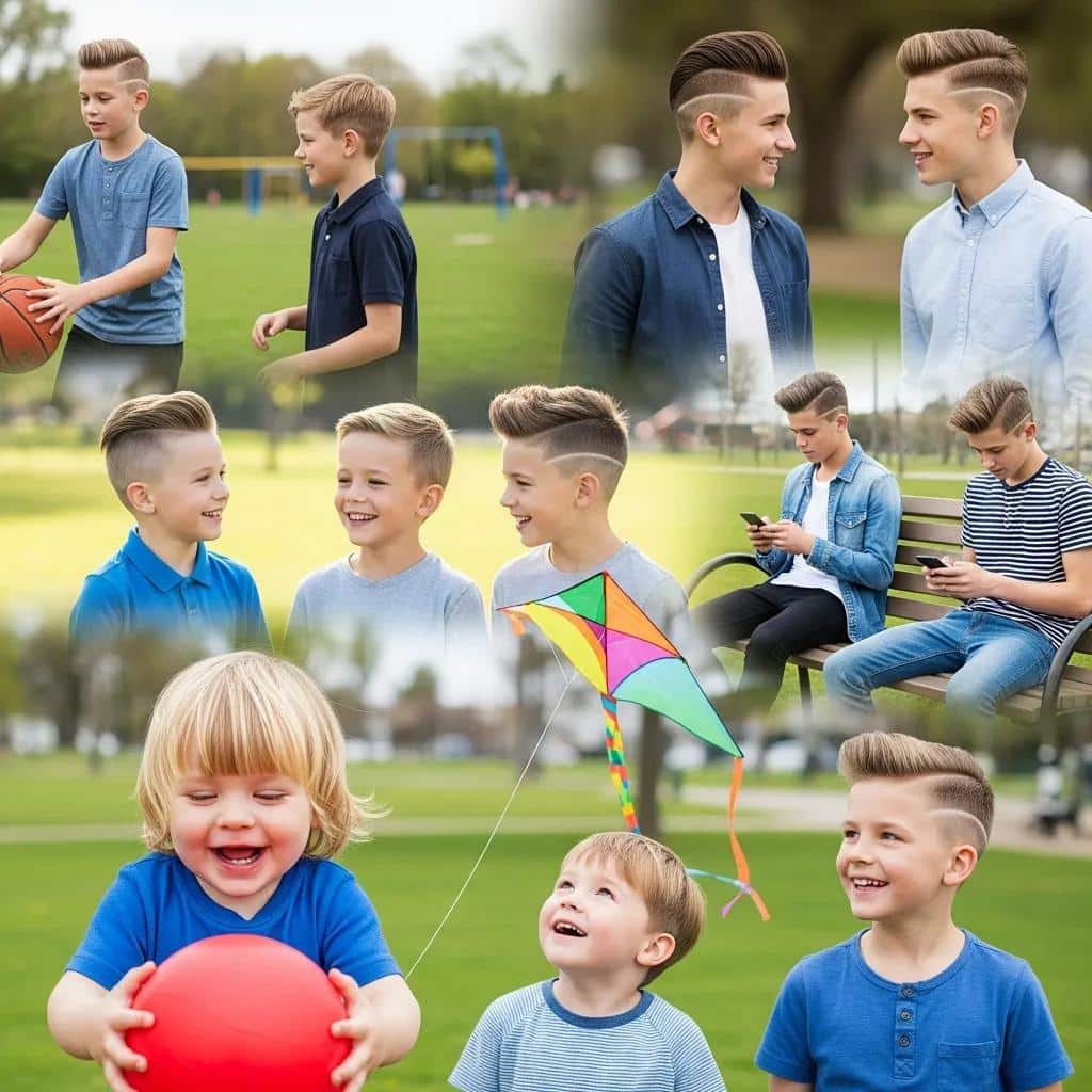 Boys of various ages displaying age-appropriate taper haircuts in a playful outdoor setting, engaging in activities like playing basketball and flying a kite.