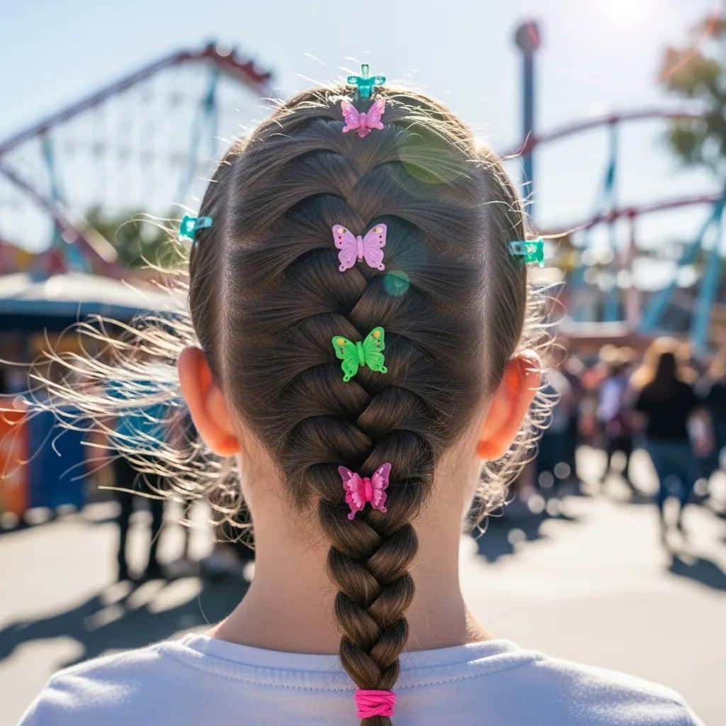 Child with a classic French braid adorned with colorful butterfly clips, enjoying a day at a theme park.