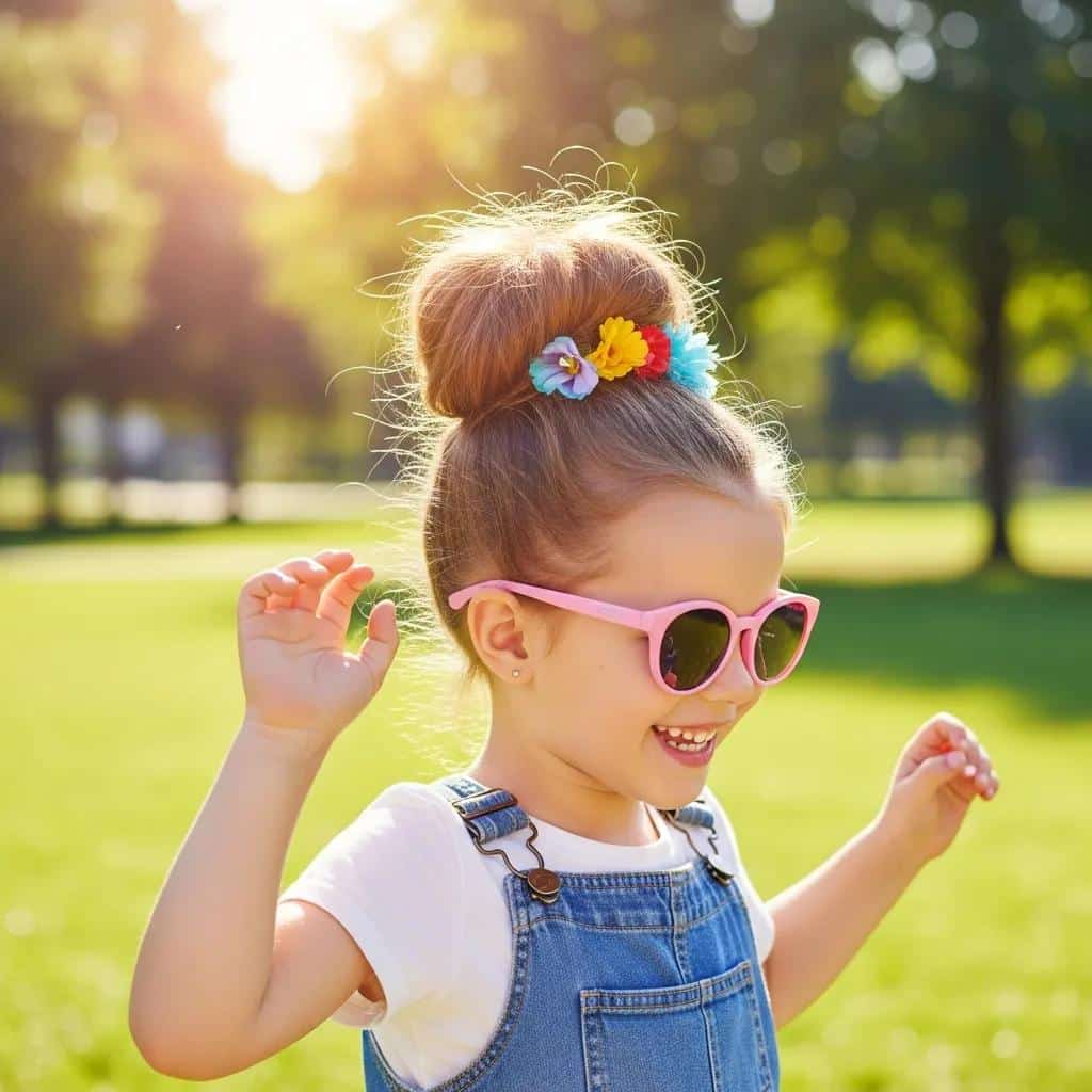 Child with a pineapple updo hairstyle in a playful outdoor setting