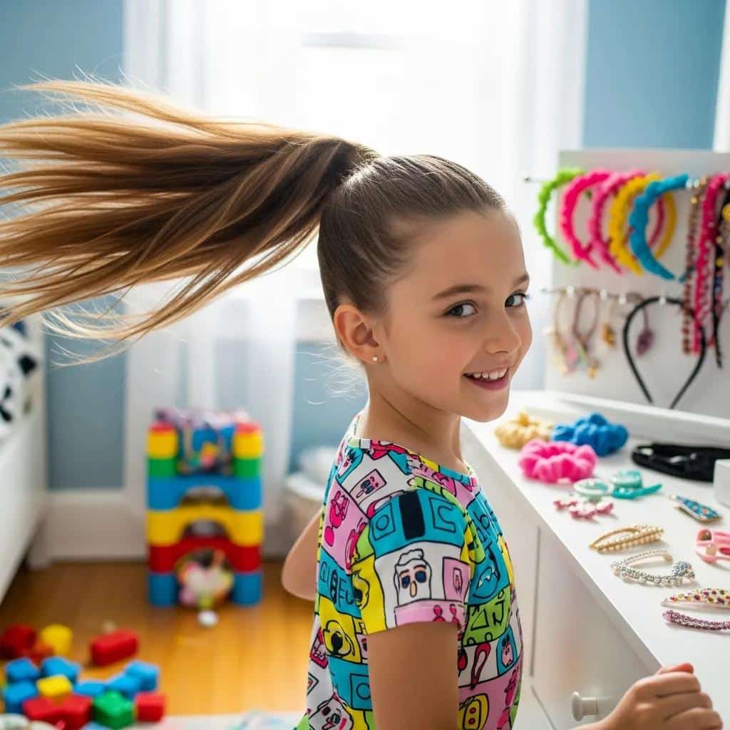 Child with a stylish ponytail in a colorful play area, surrounded by hair accessories, illustrating quick hairstyles for kids.