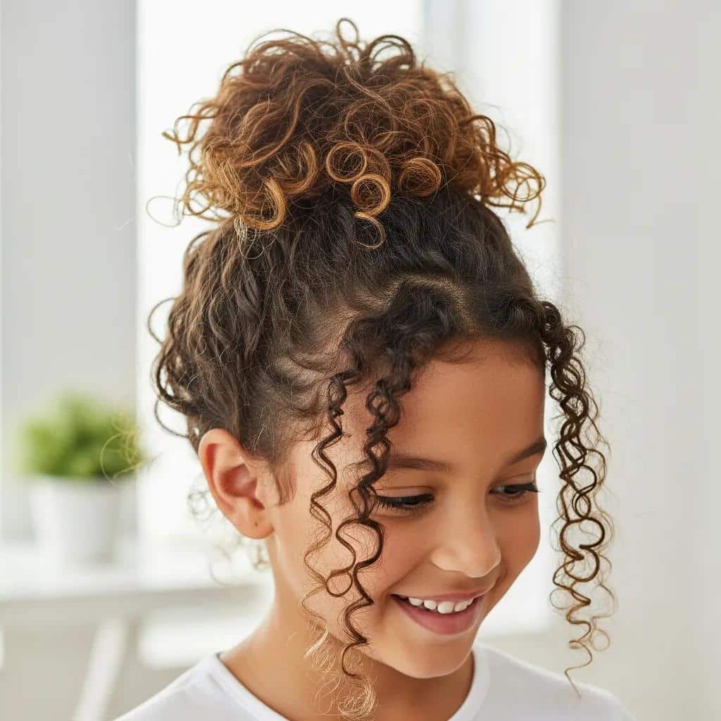Child with curly hair styled in a messy bun, showcasing an easy hairstyle for busy mornings.