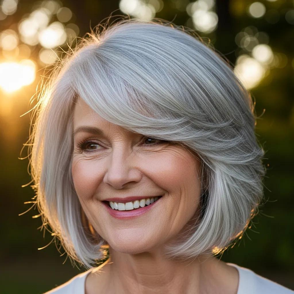 Close-up portrait showing a layered bob haircut on an older woman in natural light