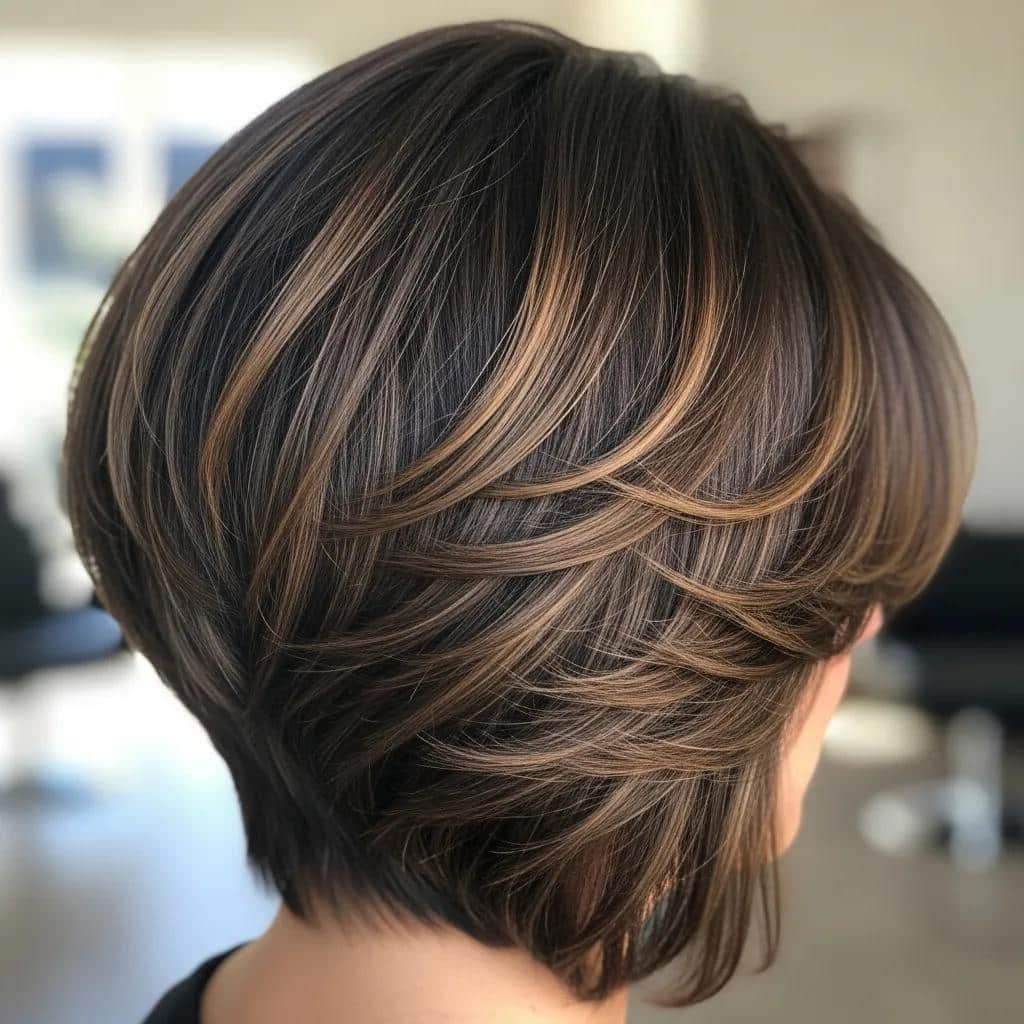 Close-up of a layered stacked bob haircut showcasing volume, texture, and a rounded back with longer front pieces, highlighting its stylish contrast.