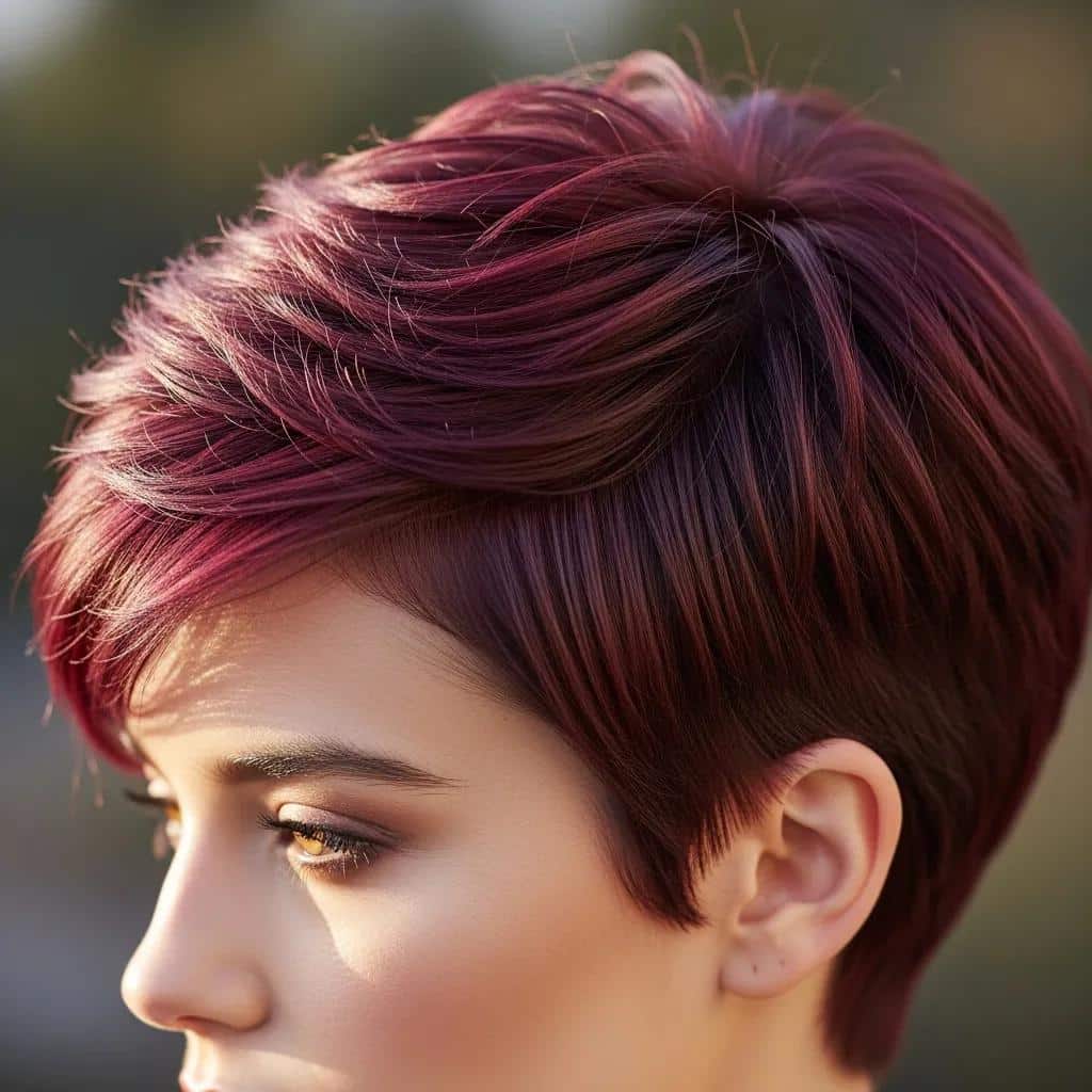 Close-up of a trendy pixie cut in deep burgundy color, showcasing vibrant hair color trends for 2024, emphasizing style and personal expression.