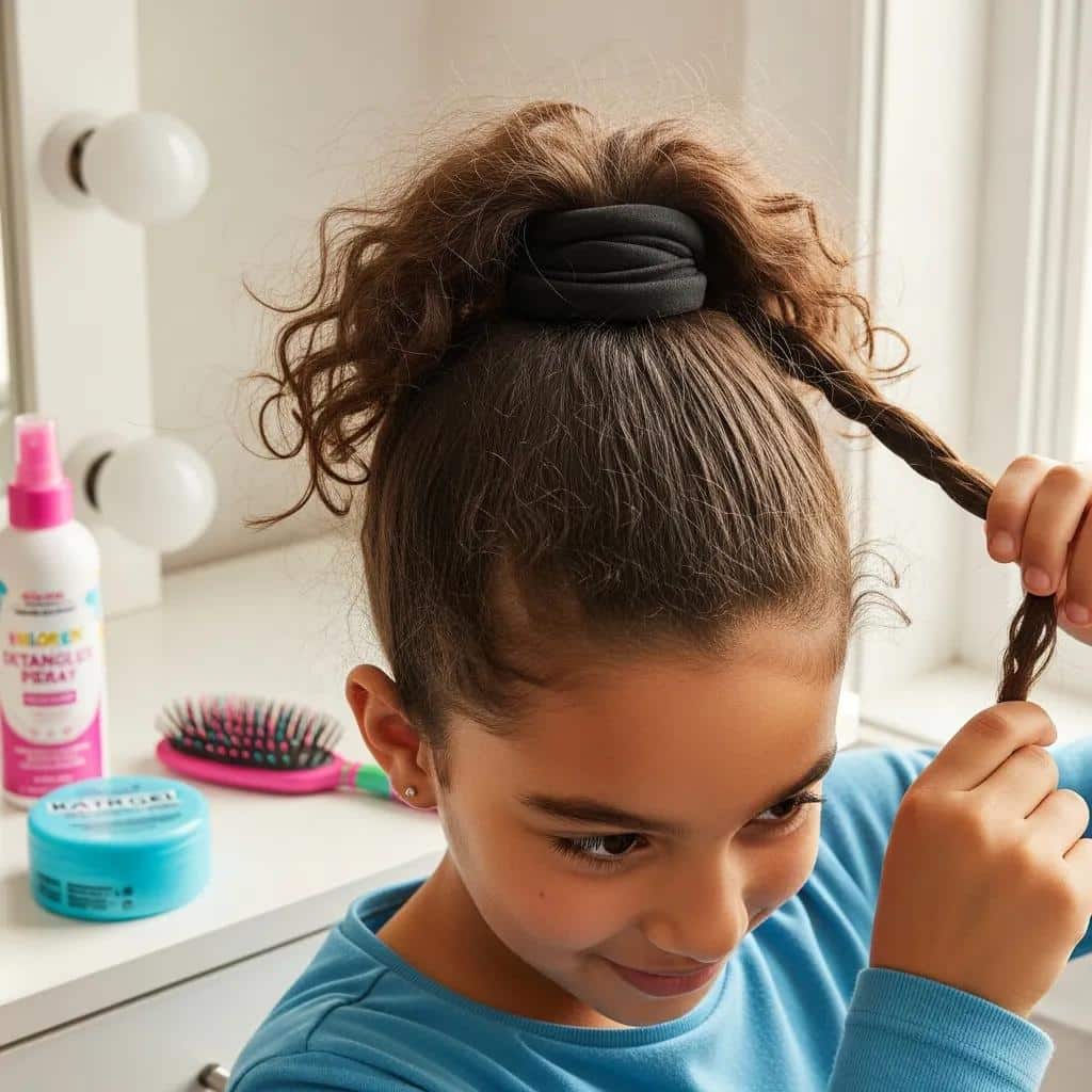 Young girl styling a durable ponytail with hair care products on a vanity, featuring a hairbrush and styling spray, emphasizing practical hairstyles for active young athletes.