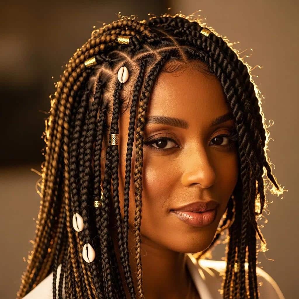 Close-up of protective hairstyles for 4B and 4C hair, featuring box braids and twists