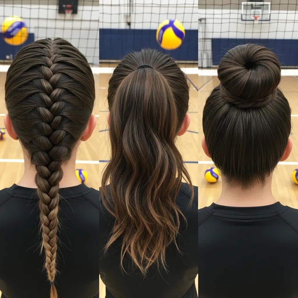 Close-up of three sweat-proof volleyball hairstyles for long hair: a braided style, a high ponytail, and a bun, set against a volleyball court backdrop.
