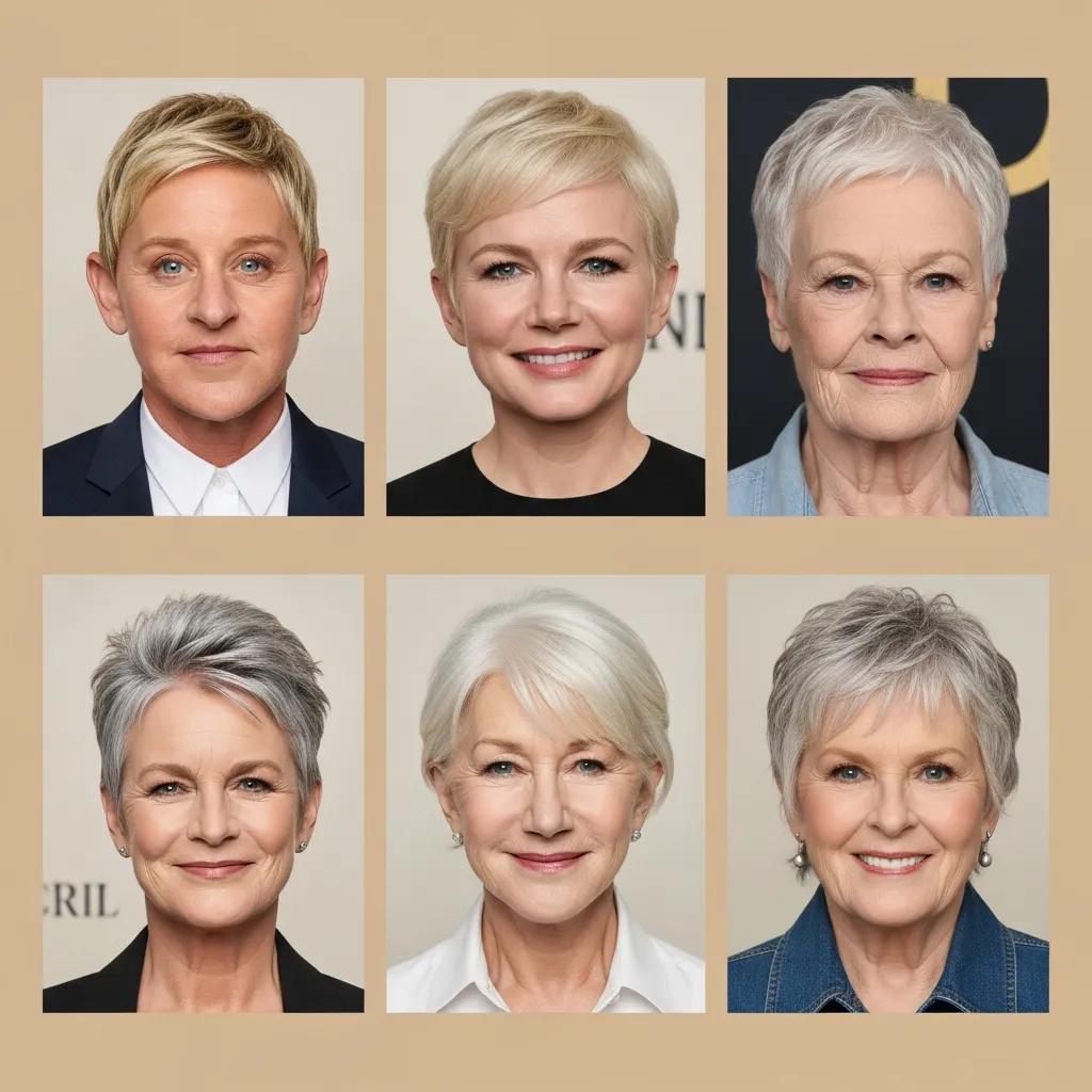 Collage of celebrity pixie cuts suitable for mature women, showcasing versatility and elegance