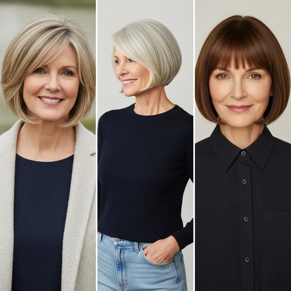 Collage showing several classic bob styles on mature women — layered, inverted, and bangs options